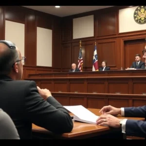 Courtroom scene of a legal trial regarding insurance fraud in rideshare