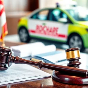 Courtroom setting depicting a lawsuit related to rideshare issues.