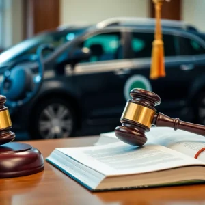 A gavel and legal books with a rideshare vehicle in a courtroom.