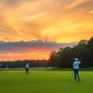 Scenic view of collegiate golfers practicing on a golf course at sunset.