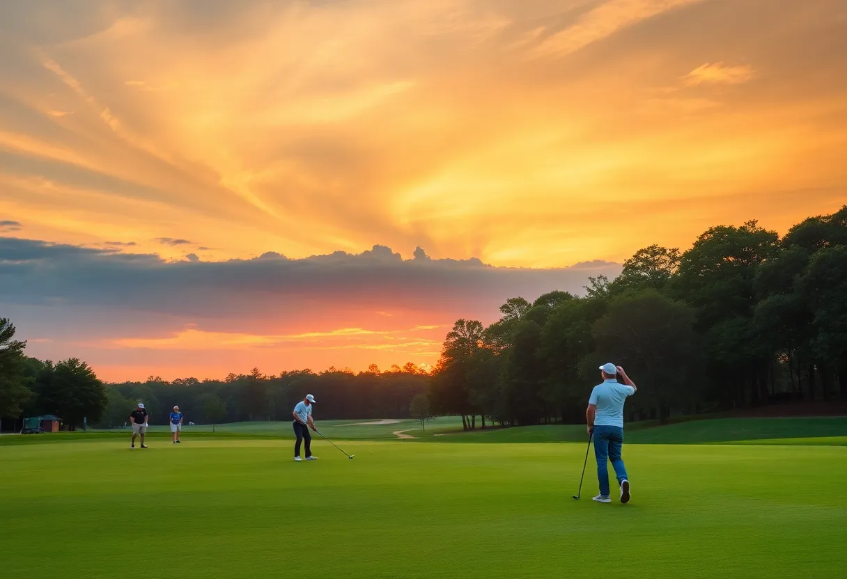 Scenic view of collegiate golfers practicing on a golf course at sunset.