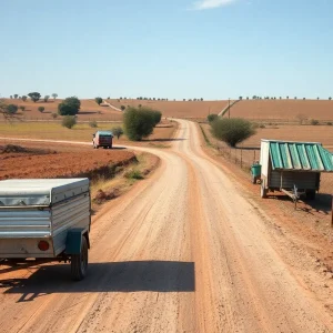 A poorly maintained dirt road with visible divots in a rural area.