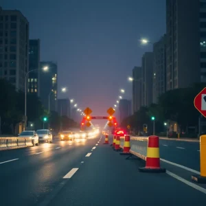 Quiet street at night with safety signs