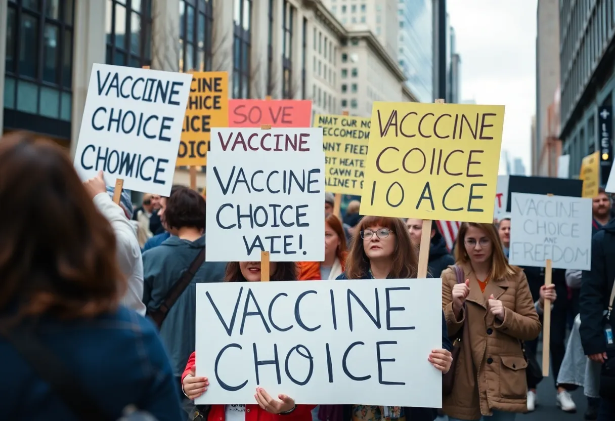 Crowd protesting for vaccine choice with various signs