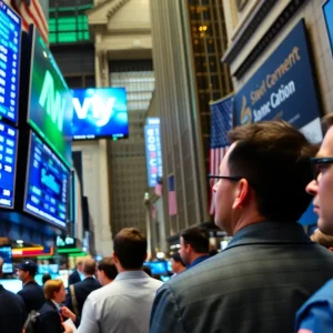 Traders on the Wall Street trading floor observing market updates.