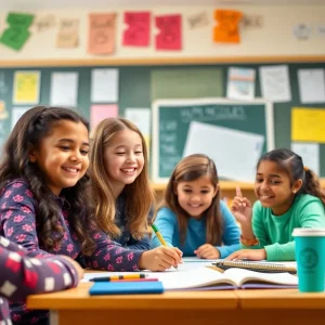 Students in a classroom celebrating learning achievements
