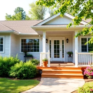 Exterior view of a ranch-style home in West Yarmouth with a deck and patio.