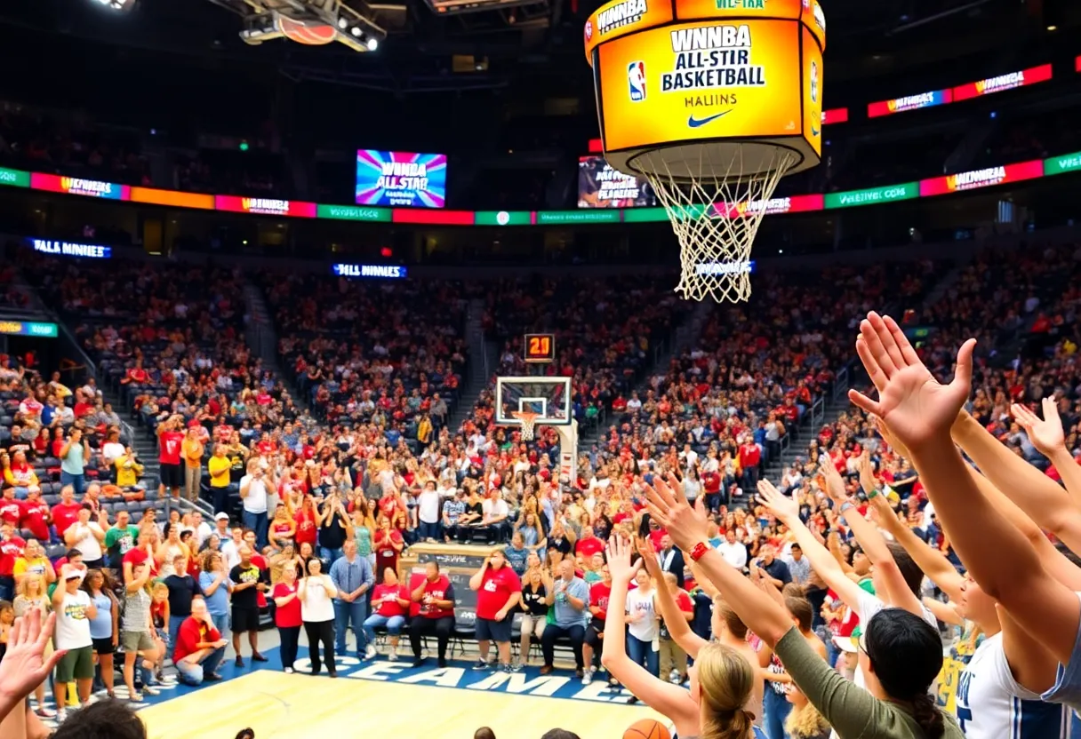 Fans enjoying the WNBA All-Star Game atmosphere with colorful uniforms.