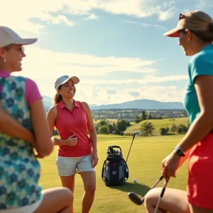 Group of women playing golf in a sunny, scenic course.