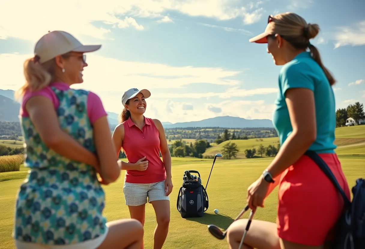 Group of women playing golf in a sunny, scenic course.
