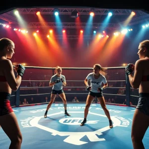 Mixed martial arts octagon with female fighters representing growth in women's MMA.