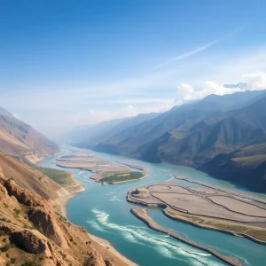 Aerial view of the Yarlung Zangbo River in Tibet surrounded by mountainous terrain.