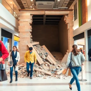 Collapsed temporary wall at SouthPark Mall