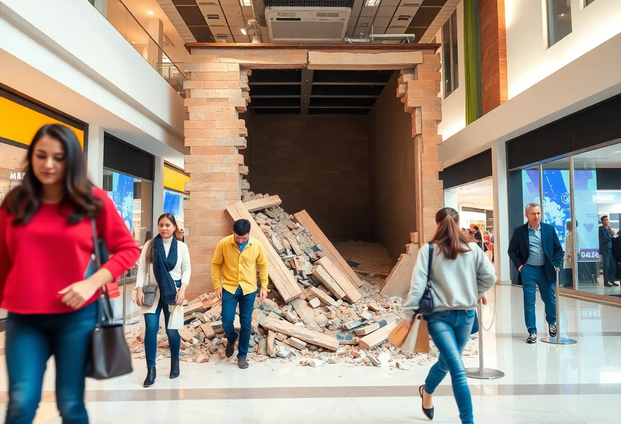 Collapsed temporary wall at SouthPark Mall
