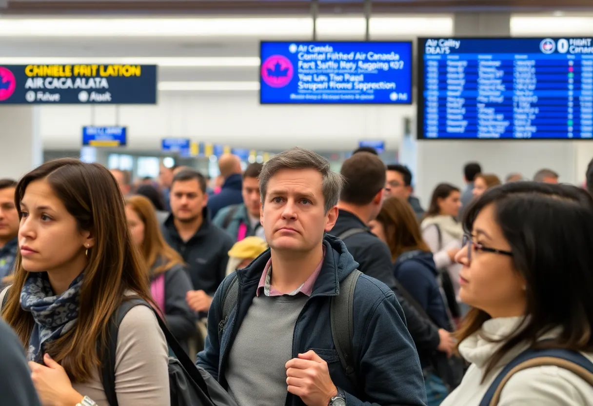 Travelers at airport dealing with flight cancellations and confusion.