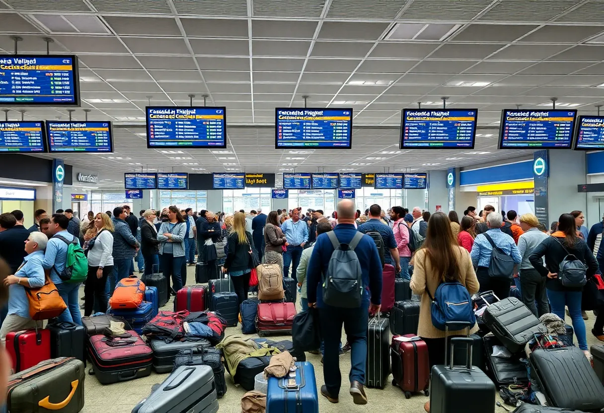 Crowded airport terminal with canceled flight displays and frustrated passengers
