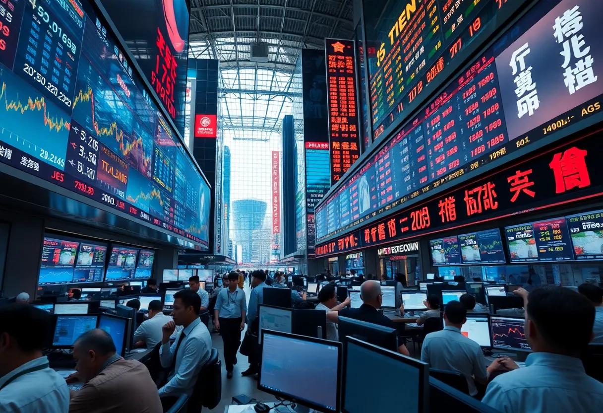 Traders in an Asian financial district reacting to stock market changes.