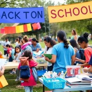 Families enjoying a back-to-school event with supplies and activities
