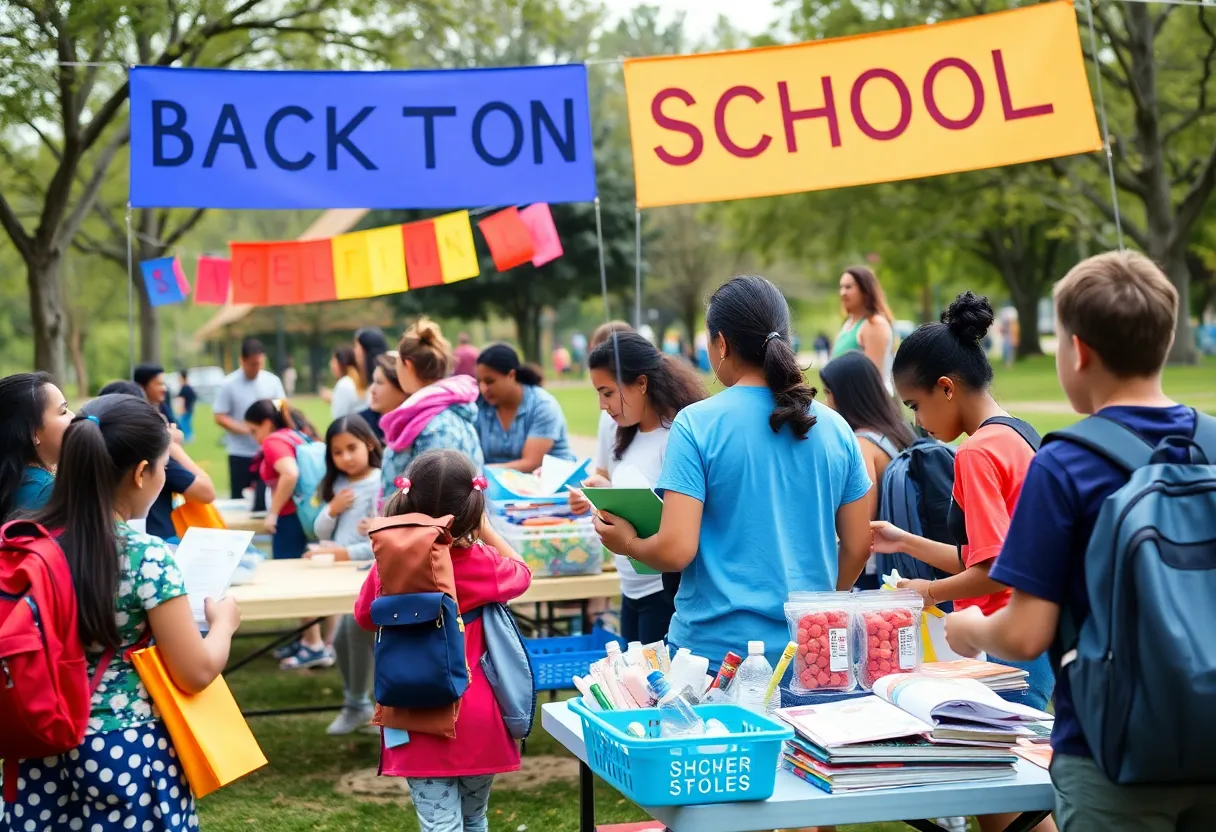 Families enjoying a back-to-school event with supplies and activities