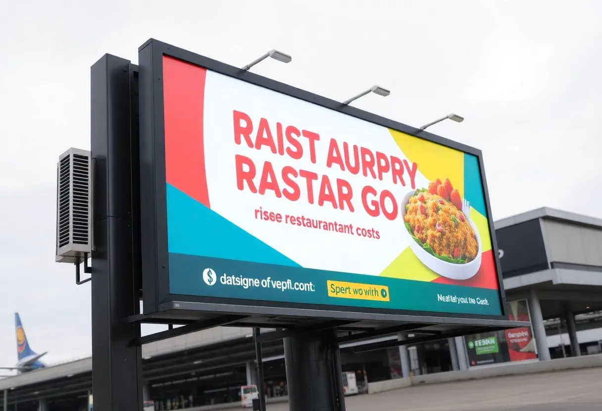 A billboard at Sacramento International Airport emphasizing rising dining costs.