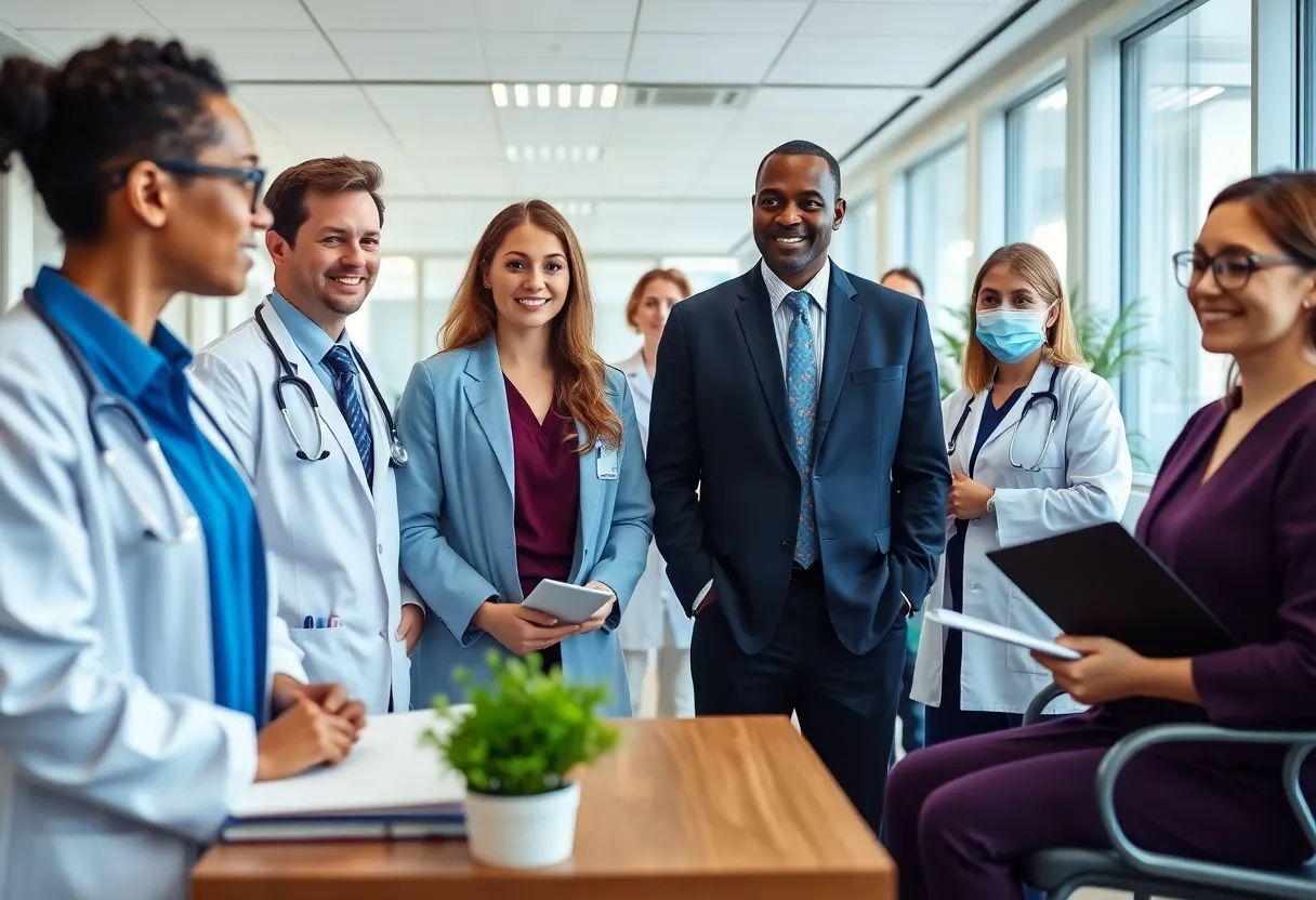 Team meeting in a healthcare office discussing leadership