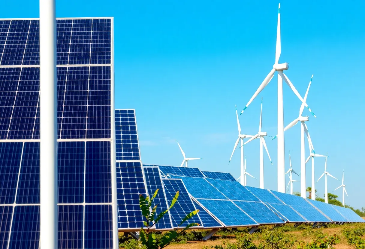 Renewable energy initiatives showcasing solar panels and wind turbines in an international cooperation setting.