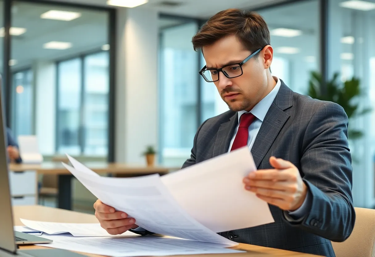 A business professional reviewing financial documents with a worried expression.