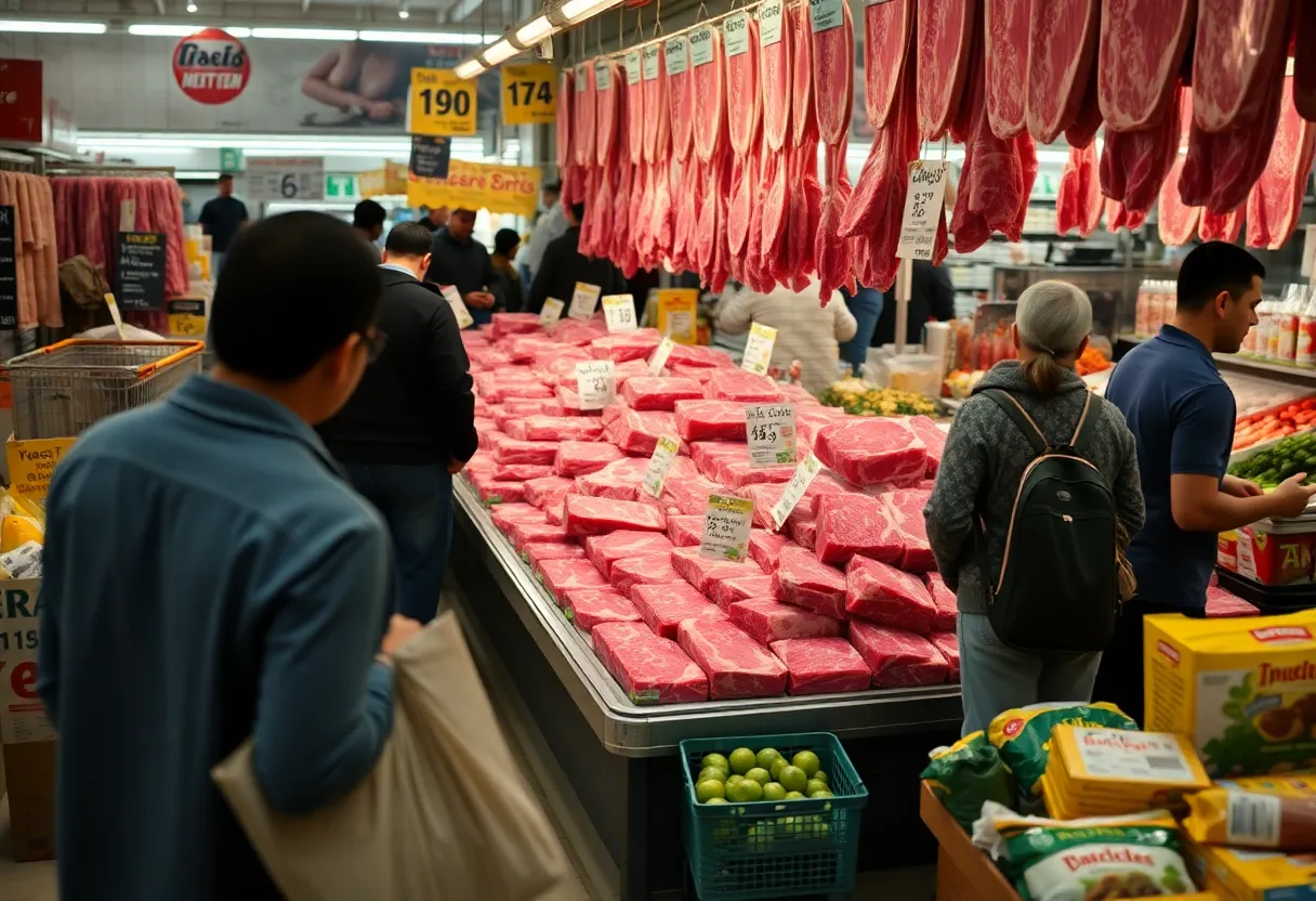 A busy California meat market with rising beef prices on display.