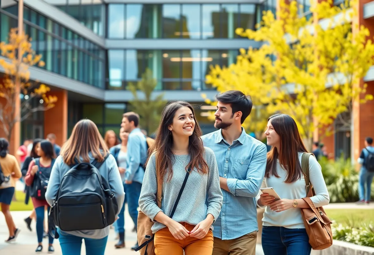 Students on a community college campus engaging in learning activities.