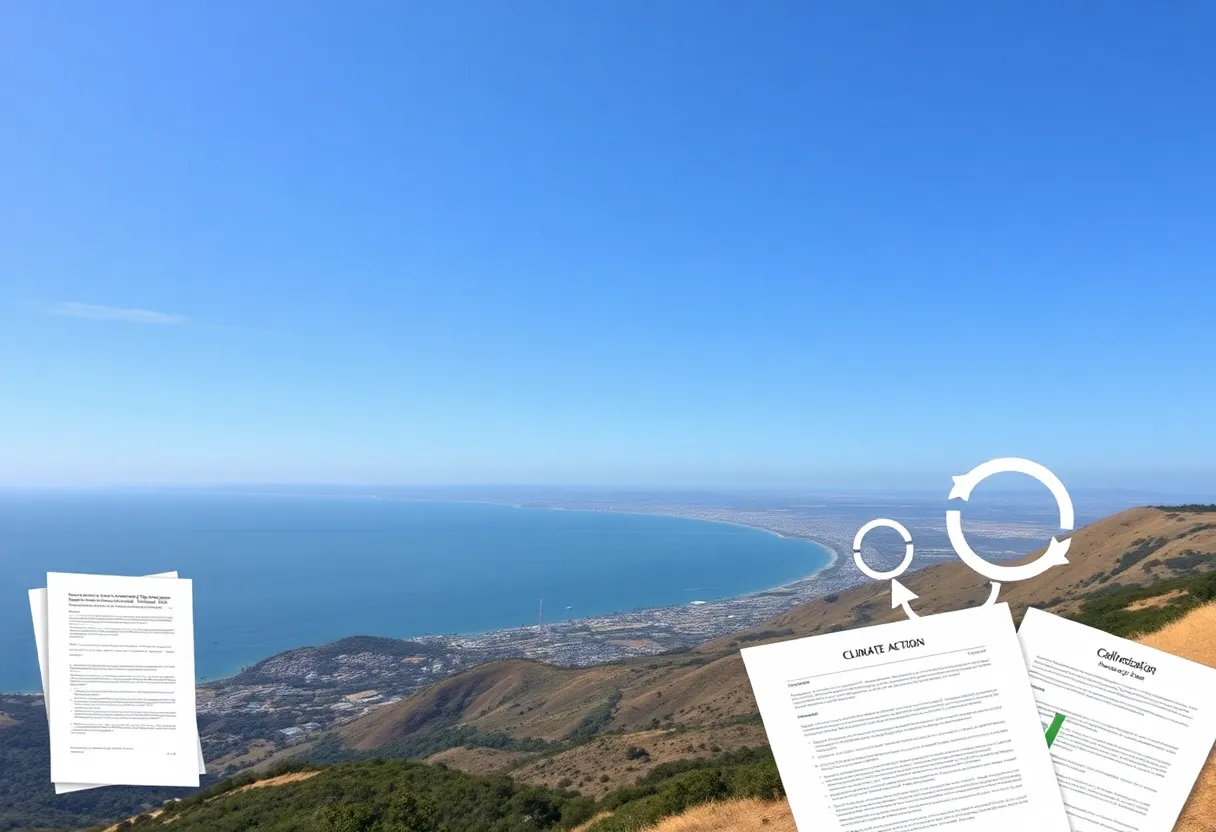 California landscape with legal documents symbolizing emissions reporting.