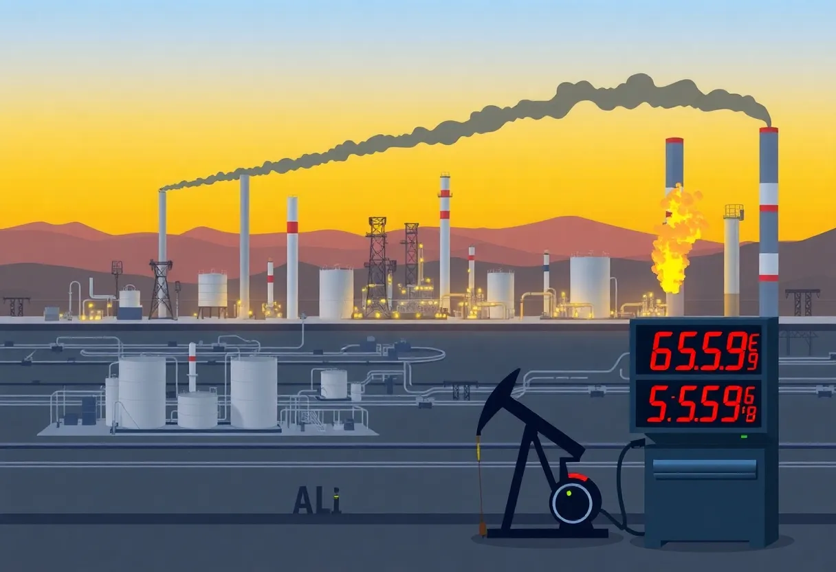 Illustration of refineries and rising fuel prices in California