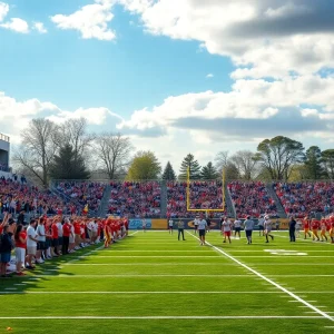 High school football teams playing on the field during a match