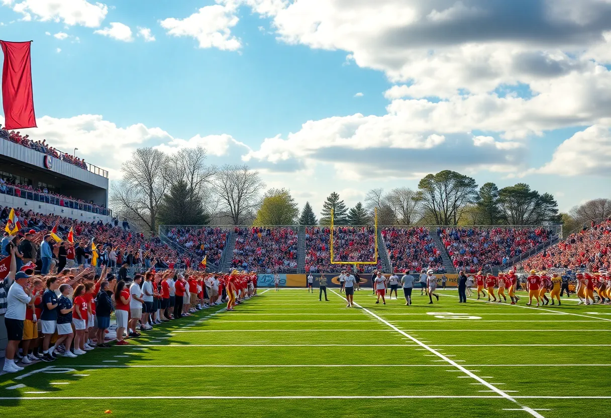 High school football teams playing on the field during a match