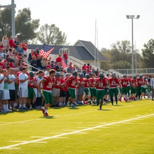 High school football players in action during a game