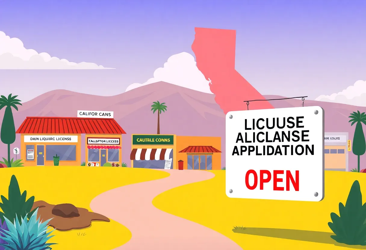 California landscape with business establishments announcing liquor license application opening