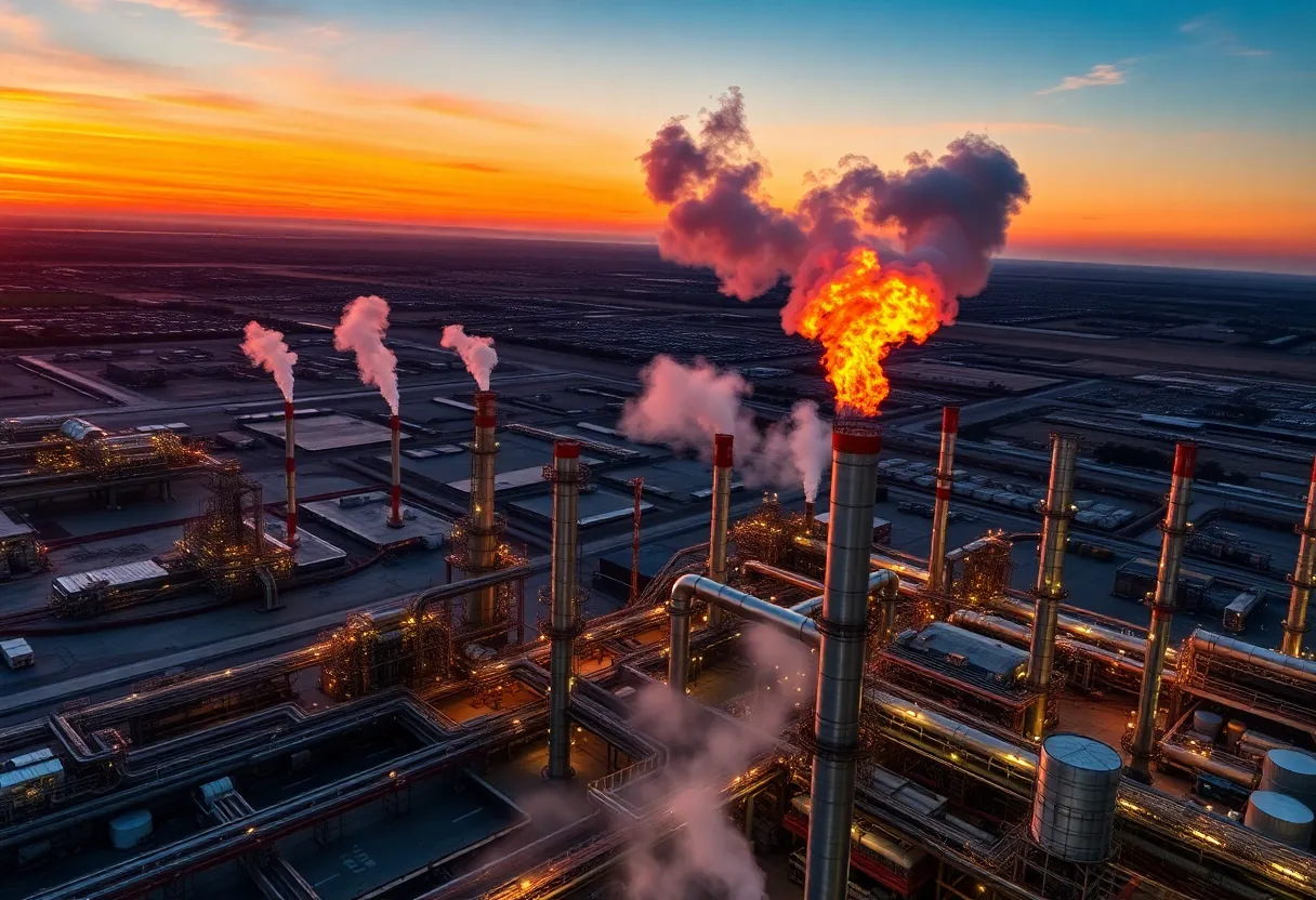 Aerial view of a California oil refinery at sunset
