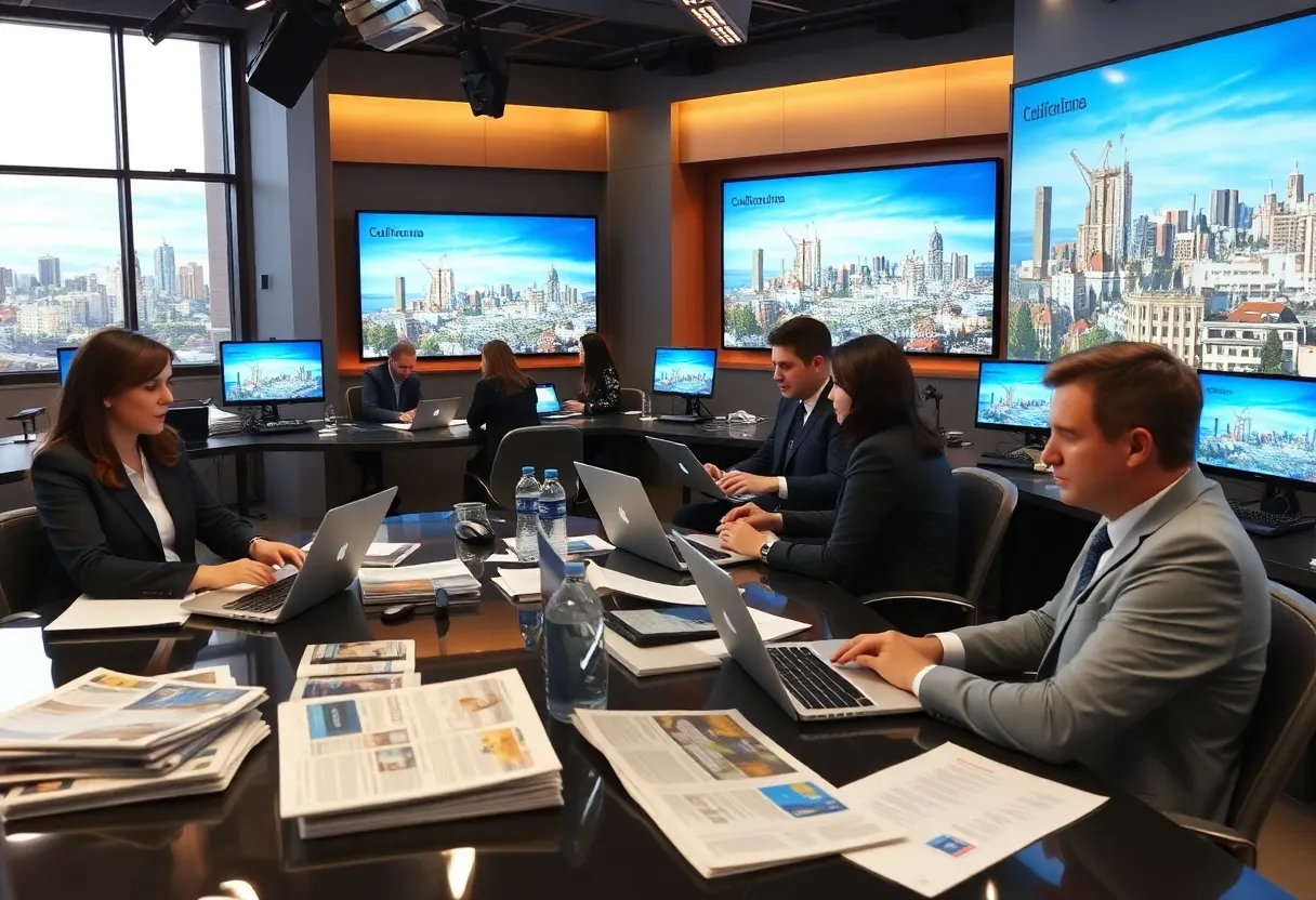 Newsroom environment with journalists preparing for the launch of California Post