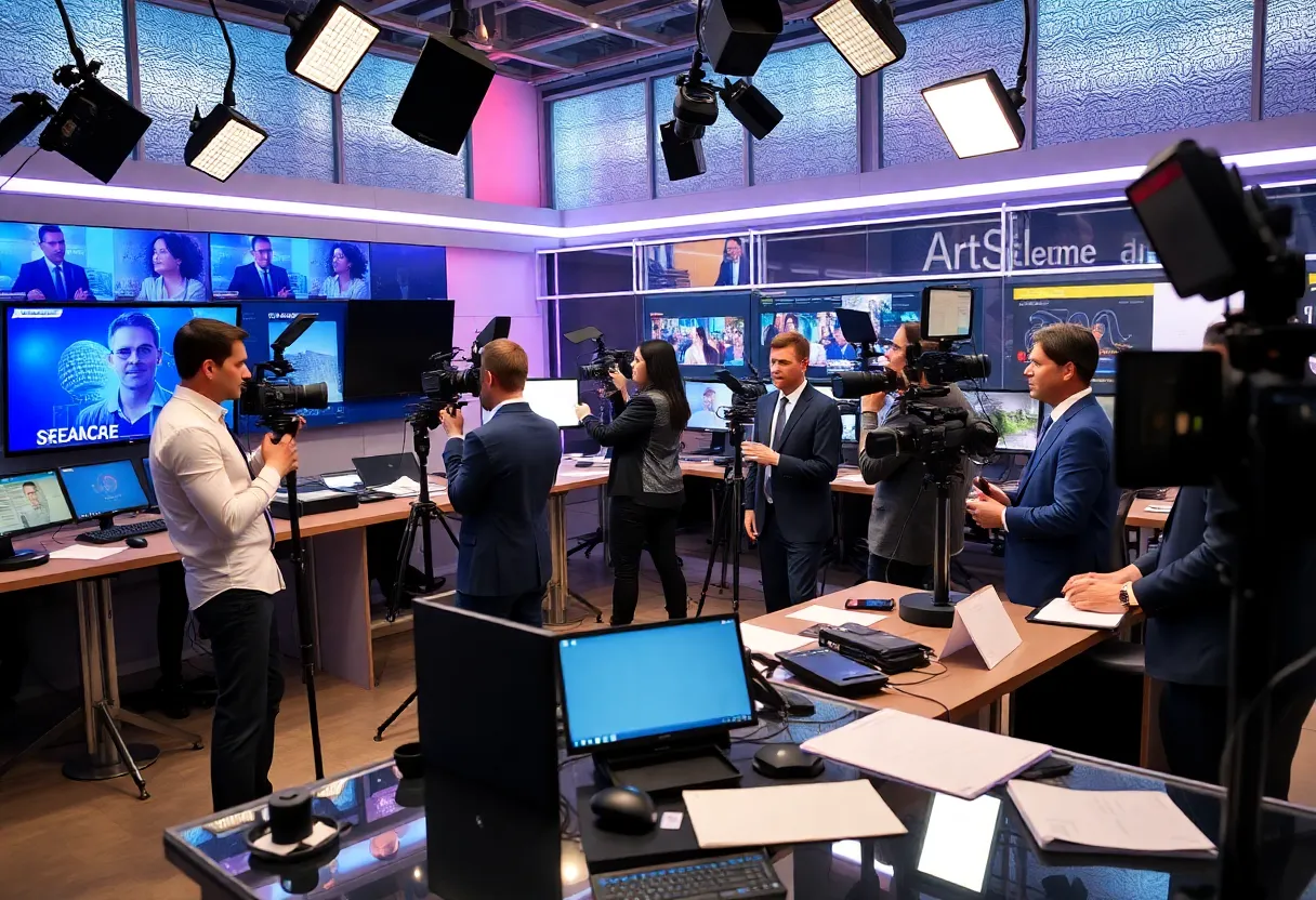 A modern newsroom in Los Angeles with reporters and editors collaborating
