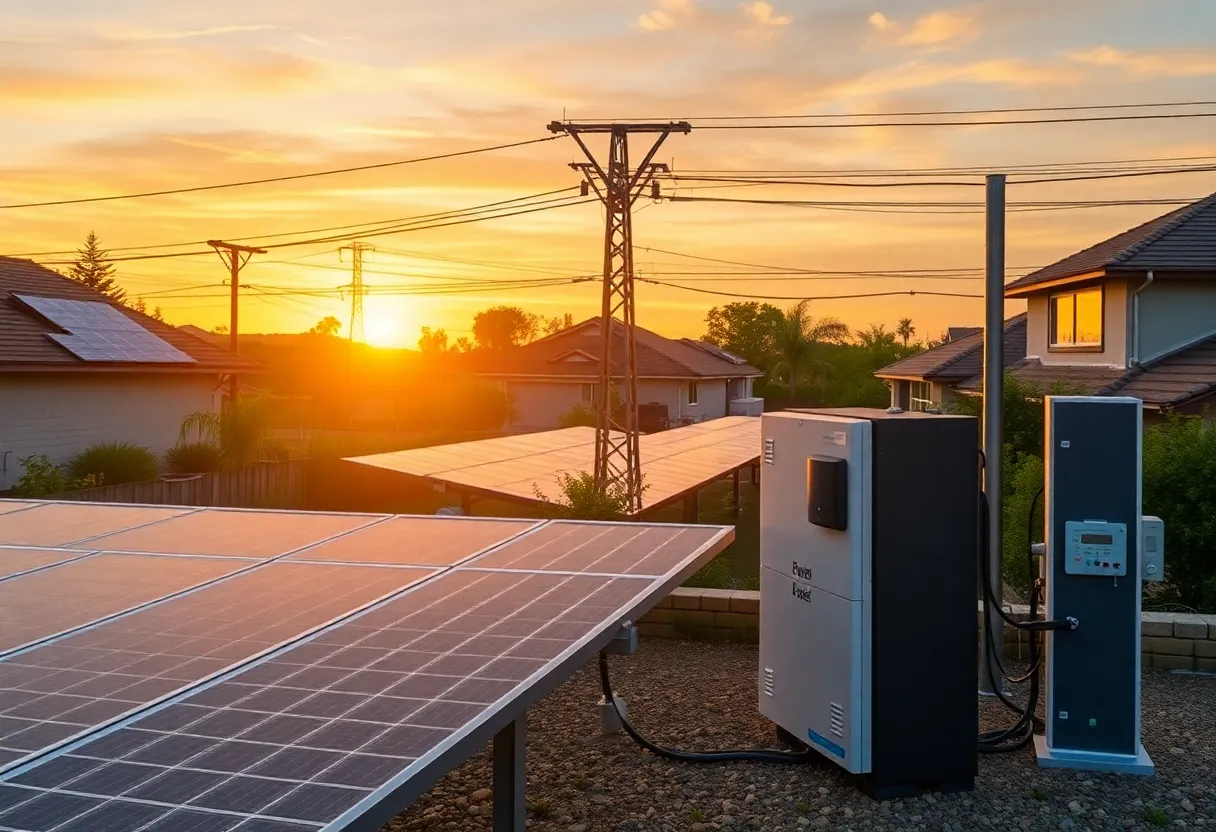 Illustration of California power grid with residential solar panels and batteries.