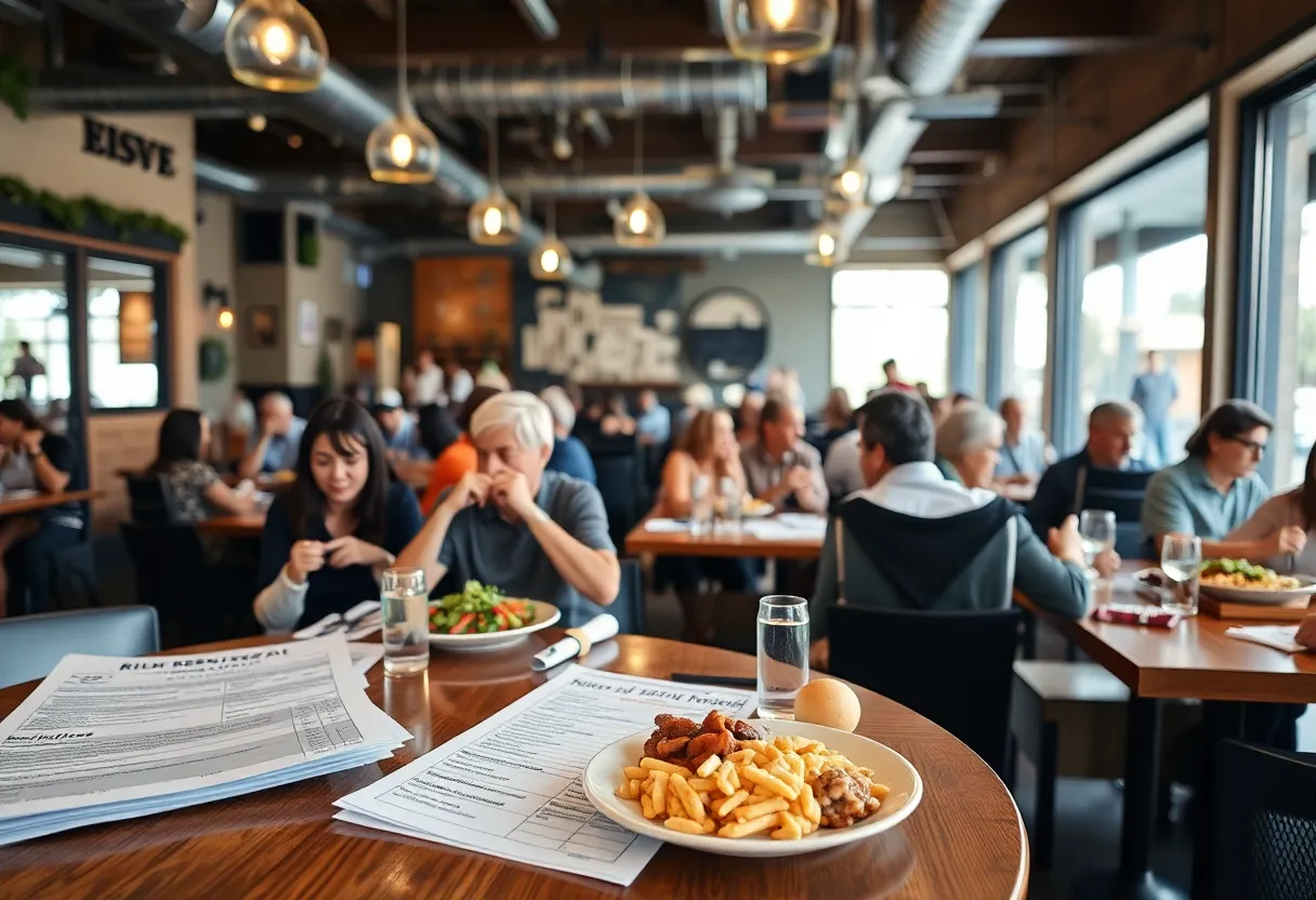 Diverse diners enjoying meals in a California restaurant with visible building permits
