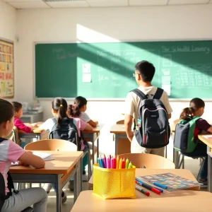 Students in a California classroom preparing for the new school year