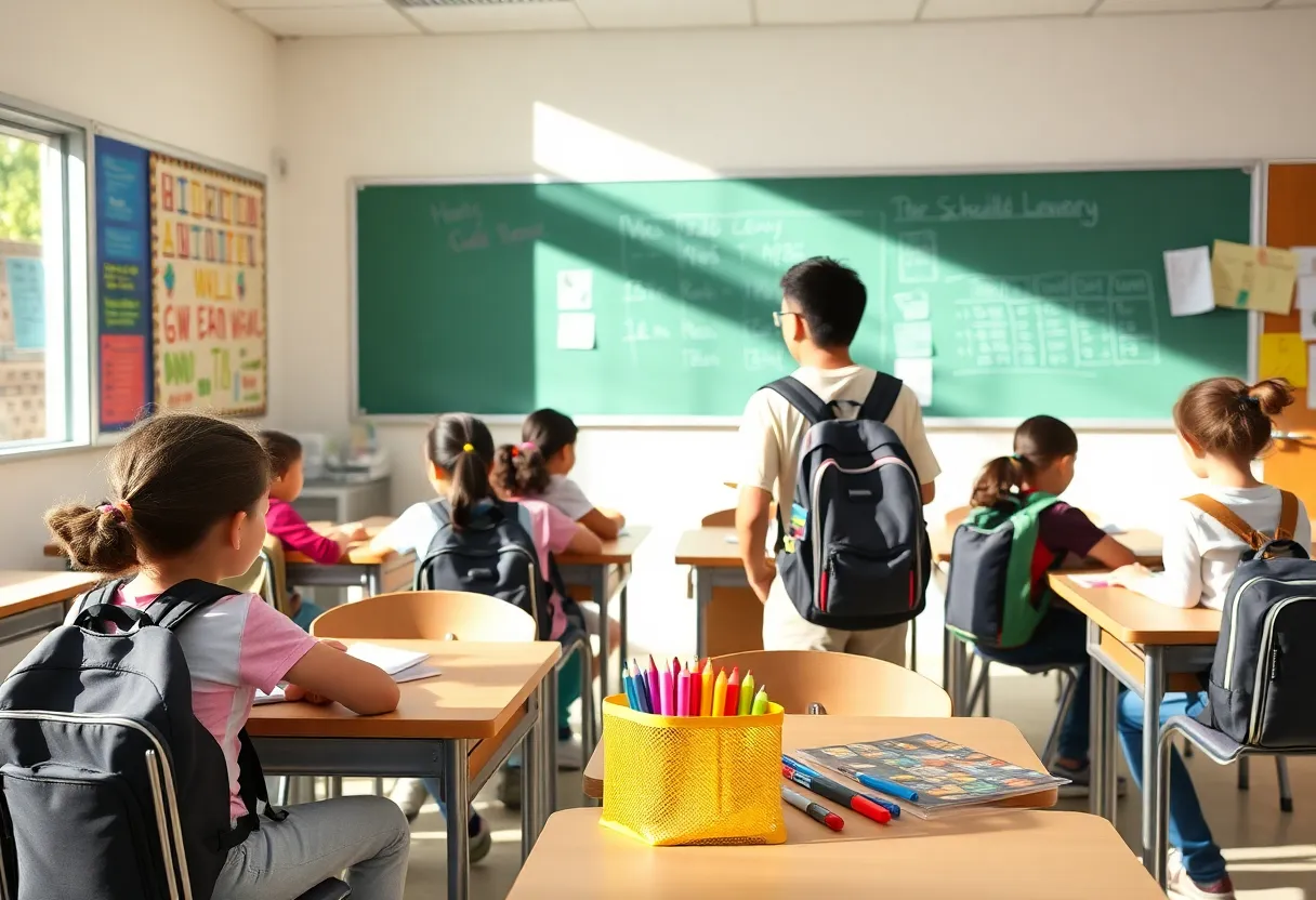 Students in a California classroom preparing for the new school year