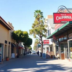 A vibrant scene of small businesses in California with storefronts