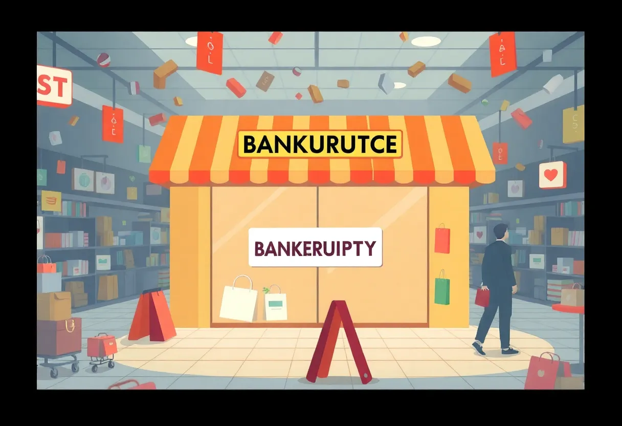 Closed Bed Bath & Beyond store with a bankruptcy sign