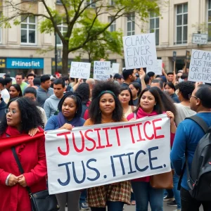 Gathering of community members holding banners for justice