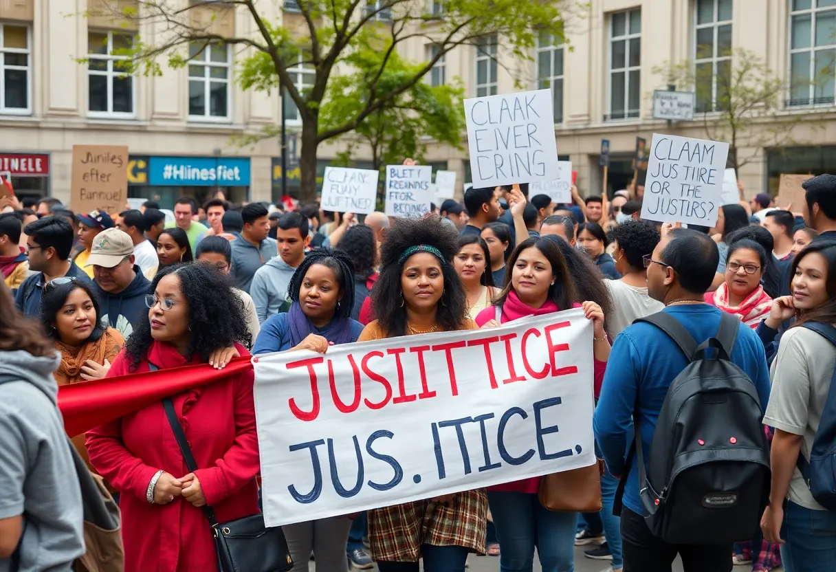Gathering of community members holding banners for justice