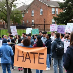 A gathering promoting inclusivity and against hate outside a school