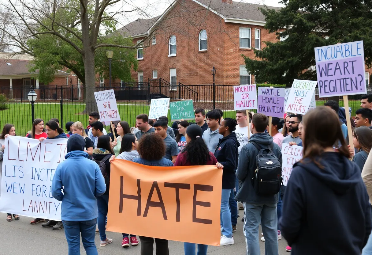 A gathering promoting inclusivity and against hate outside a school