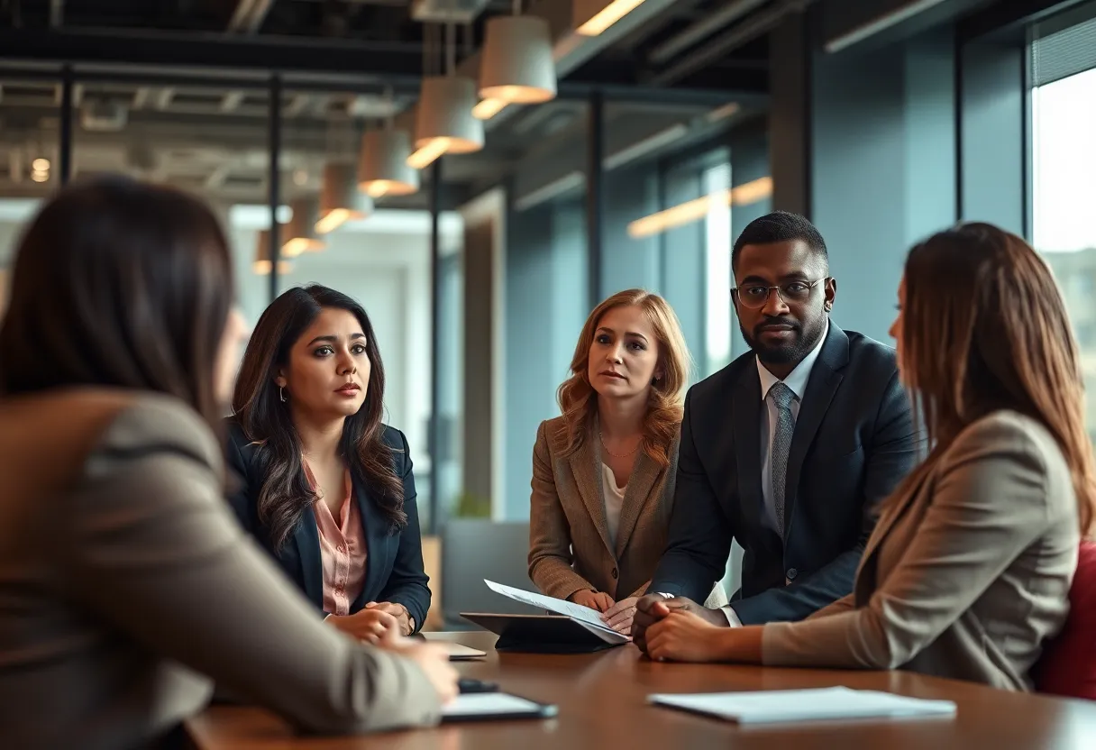 Business professionals discussing leadership ethics in a corporate setting