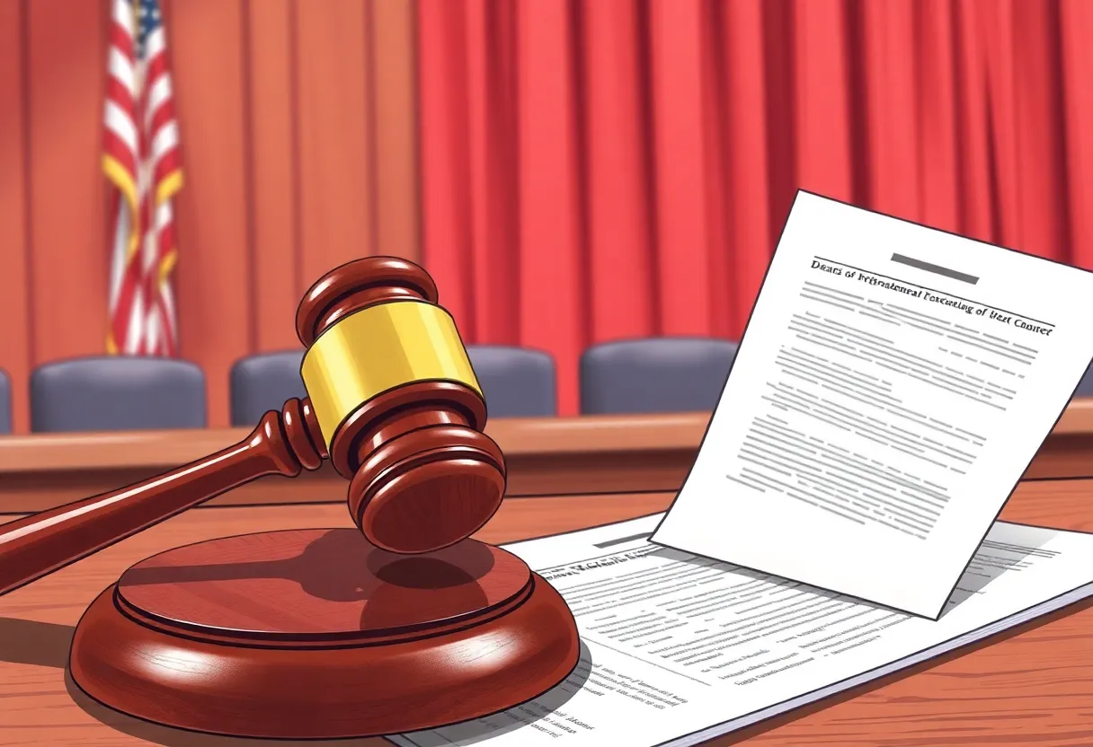 Illustration of a courtroom with legal elements symbolizing a legal battle over Federal Reserve independence